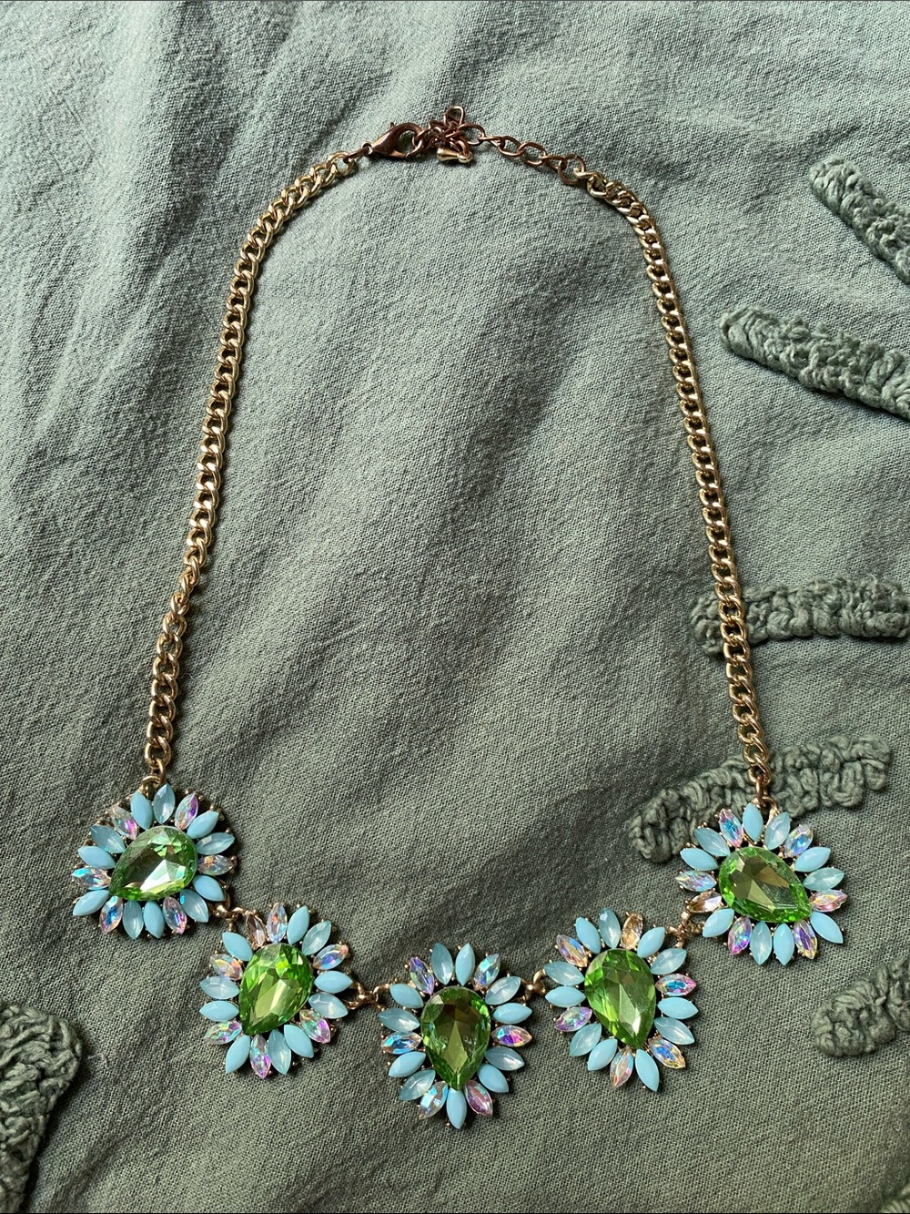 Gold Chain Statement Necklace with Green Crystal Floral Accents